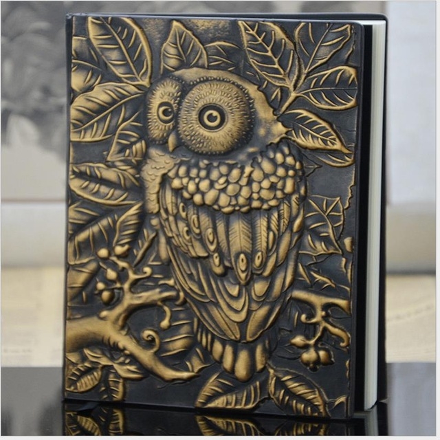 

01663 Vintage Thick Handmade Leather Carving Owl Sketchbook Journal Cute Notebook(Yellow)