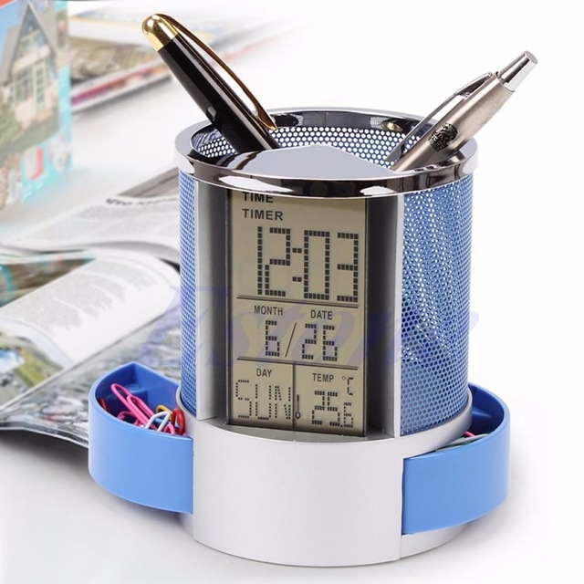 

Desk Mesh Pen Pencil Holder Perpetual Calendar Office Supplies Multifunctional Digital LED Pens Storage Box(Blue)