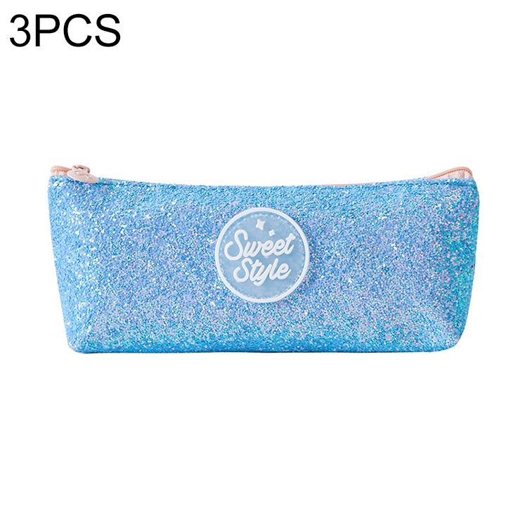 

3 PCS Creative Sequins Large Capacity Student Stationery Pencil Case School Supplies Pencil Pen Holders(Blue)