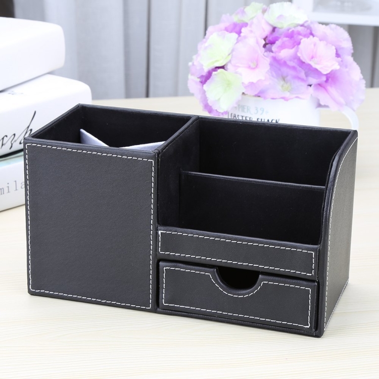 

PU Leather Multi-function Desk Stationery Organizer Pen Storage Box(Black)