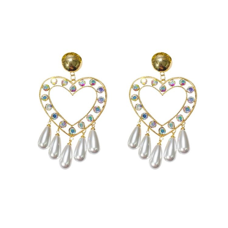 

Women Fashion Vintage Baroque Love Heart Crystal Pearl Earrings