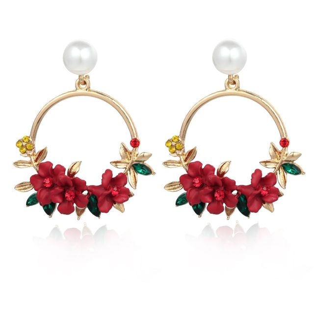 

Women Round Circle Sweet Flower Pearl Stud Earrings(Red)