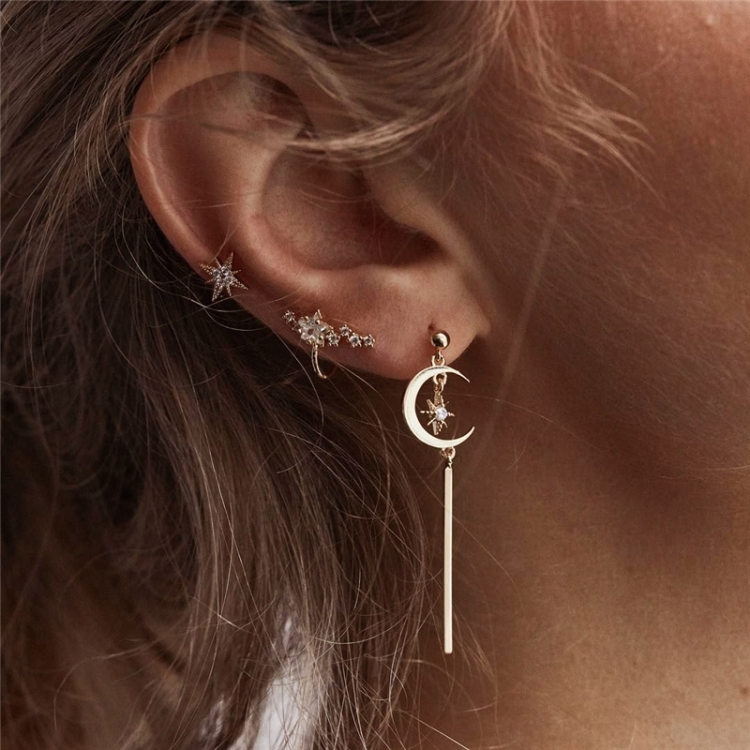 

3 PCS Vintage Moon Star Long Stud Earring with Diamond For Women