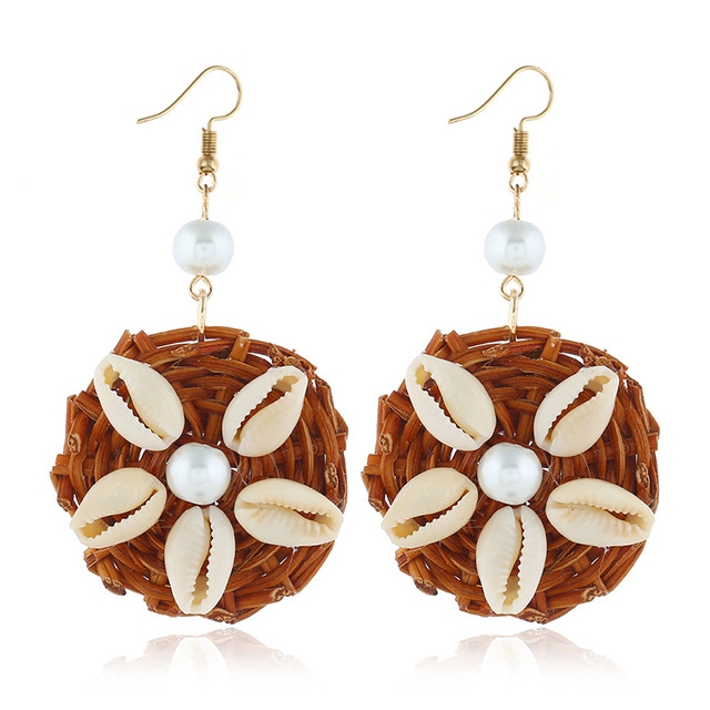 

2 Pairs Round Pearl Seashell Rattan Knit Wicker Earings(Brown)
