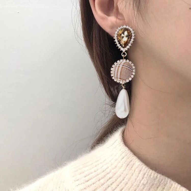 

925 Silver Vintage Plaid Geometric Circle Pearl Ladies Earrings