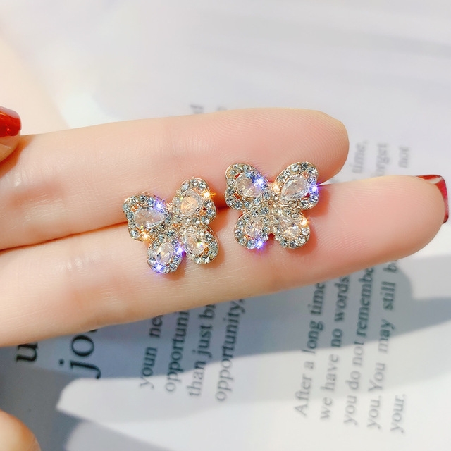 

2 Pair Silver Needle Drilling Butterfly Super Immortal Zircon Ear Nails(Gold)