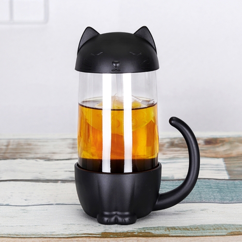 

Creative Glass Cup Cute Pet Dog Cat Cartoon Cup Children Gift with Infuser Loose Leaf Tea Strainer Filter Tea Cup(Black-Cat)