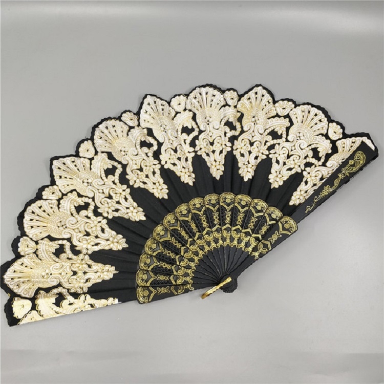 

Spain Style Plastic Folding Fan Peacock Lace Fan Ladies Dance Gilding Fan, Size:23x42cm(Black)