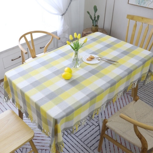 

Checked Jacquard Cotton Linen Tablecloth With Tassel, Size:140x180cm