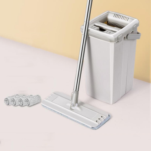 

Hand Free Hand-push Flat Mop Floor Cleaning Bucket With 4 Mop Rags