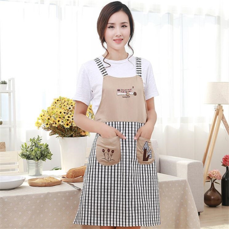 

Kitchen Grid Embroidered Cotton Sleeveless Strap Style Home Aprons(Black)