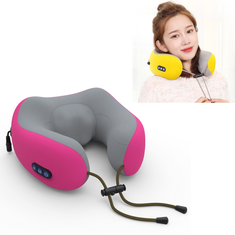 

U-shaped Electric Massage Pillow Kneading Shoulder and Neck Massager, Style:Battery Models(Rose Red)