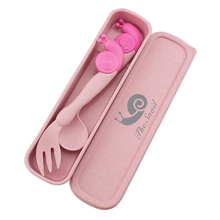 

2 SET Wheat Children Portable Non-Slip Elbow Spoon Fork(Pink)