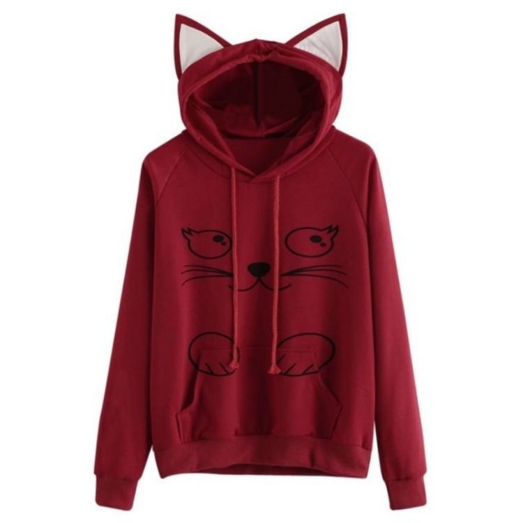 

Solid Black Hooded Top Cute Cat Hoodie Warm Womens Sports Sweater, Size:L(Wine Red)
