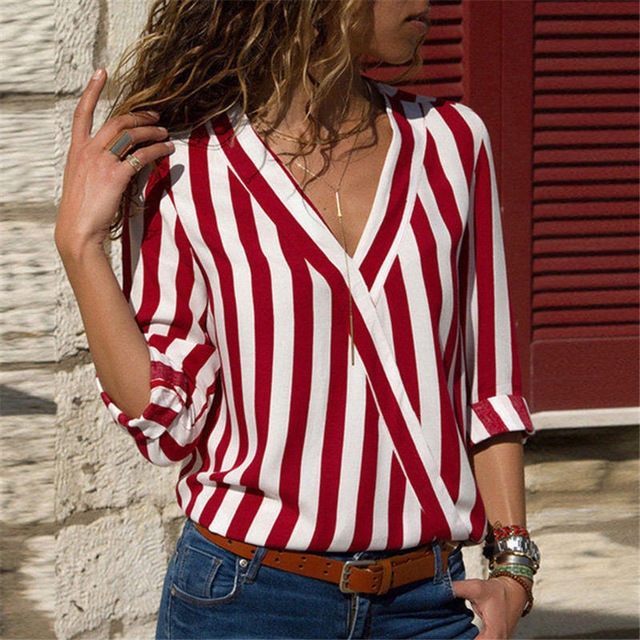 

Women Striped Shirt Long Sleeve V-neck Shirts Casual Tops Blouse, Size:L(Red)