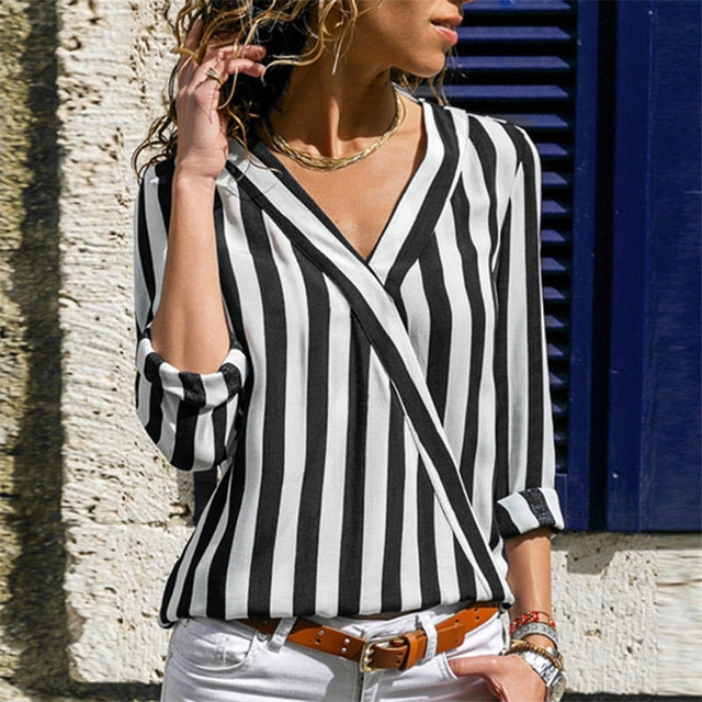 

Women Striped Shirt Long Sleeve V-neck Shirts Casual Tops Blouse, Size:XL(Black)