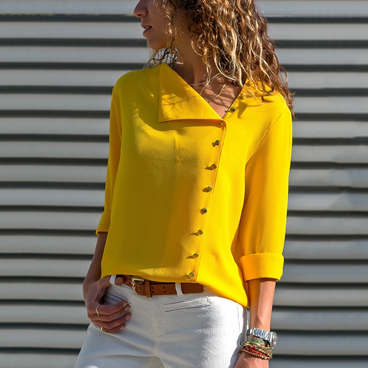 

Chiffon Blouse With Long Sleeves And Irregular Diagonal Collar, Size:L(Yellow)