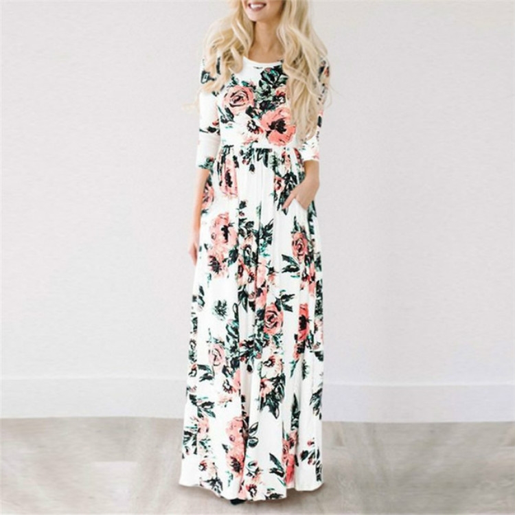 

Women Long-sleeved Print Flower Elegant Dress Big Swing Skirt, Size:L(White)