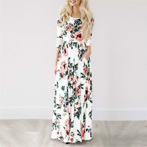 

Women Long-sleeved Print Flower Elegant Dress Big Swing Skirt, Size:XXL(White)