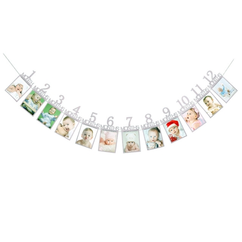 

1St Baby 12 Months Birthday Pull Flag Photo Wall Slogan Banner Month Photo Clip Flower(Silver number)