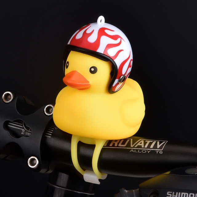

Cartoon Yellow Silica Gel Little Duck Shape Bicycle Bells Shining Mountain Bike Handlebar Duck Head Light Accessories(Duck + flame helmet)