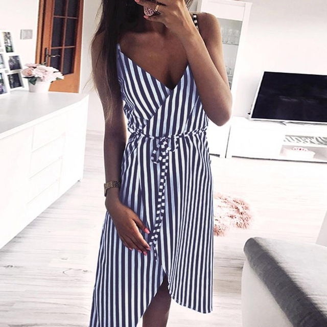 

Women Stripe Printing Sleeveless Off Shoulder Sashes Dress, Size:S(Navy Blue)