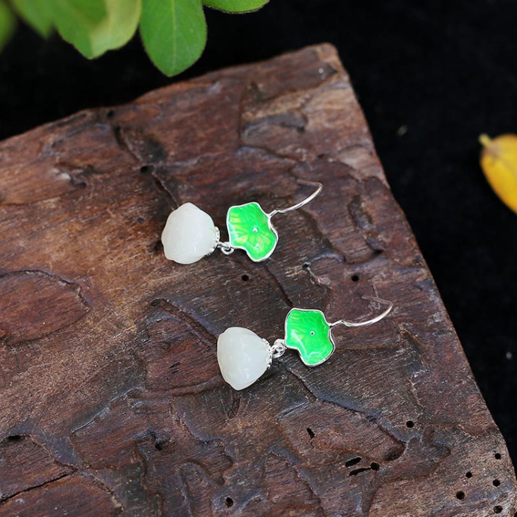 

Sterling Silver Natural Hetian Jade White Jade Lotus Inlaid Cloisonne Earrings