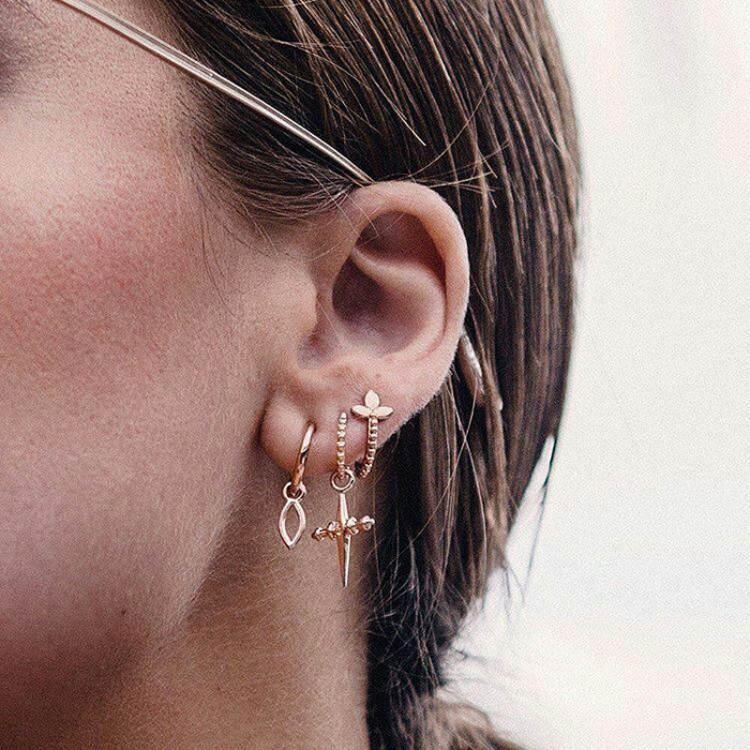 

3 PCS Ladies Gold Color Small Hoop Cross Pendant Earrings