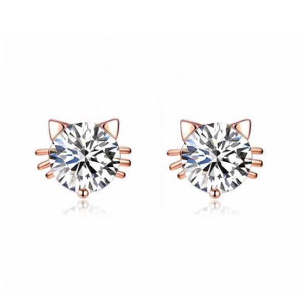 

925 Sterling Silver Cute Little Cat Zirconia Ladies Earrings(Rose Gold)