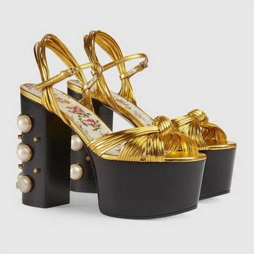 

Ladies Platform High Heels Beaded Sandals, Size:34(Gold)