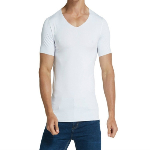 

Men Ice Silk Quick Dry T-shirt Short Sleeve V Neck Solid Color Seamless Breathable Top(White)