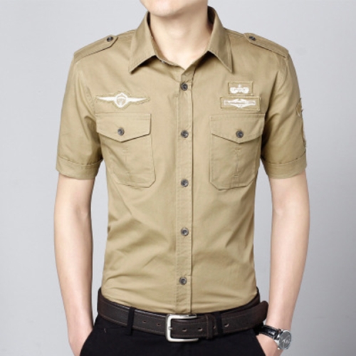 

Fashion Casual Military Solid Color Pocket Short Sleeve Loose Turn-down Collar Shirt(Khaki)