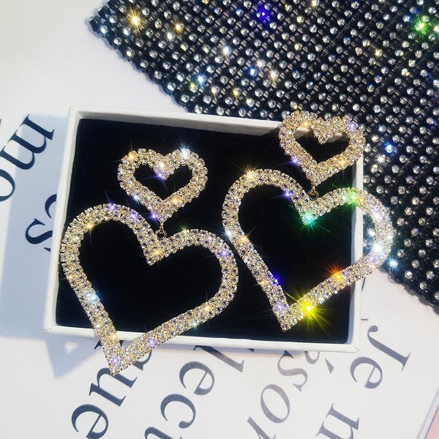 

925 Silver Fashion Exaggerated Diamond Double Heart Long Earring For Women(Gold)