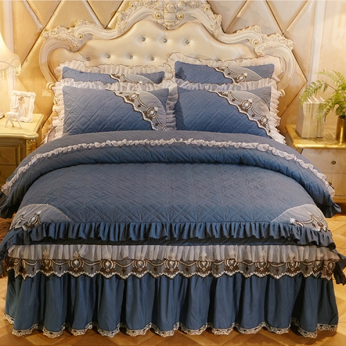 

Luxury Thick Cotton Bed Skirt with Lace Edge Non-slip Bedding Set, Size:1.8x2.0m(4-Piece)(Dark Blue)