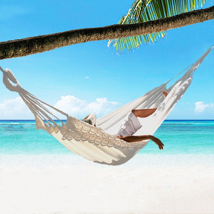 

White Canvas Pure Cotton With Lace Indoor And Outdoor Leisure Camping Photography Hammock Swing, Size:200X80CM