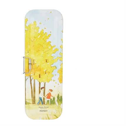 

Student Pencil Case Double-deck Metal Material Double Layer Stationery Box Lovely Season Plants Pencil Box(Yellow)