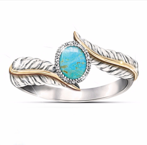 

Vintage Silver Color Feather Ring with Large Turquoise for Women Size:9