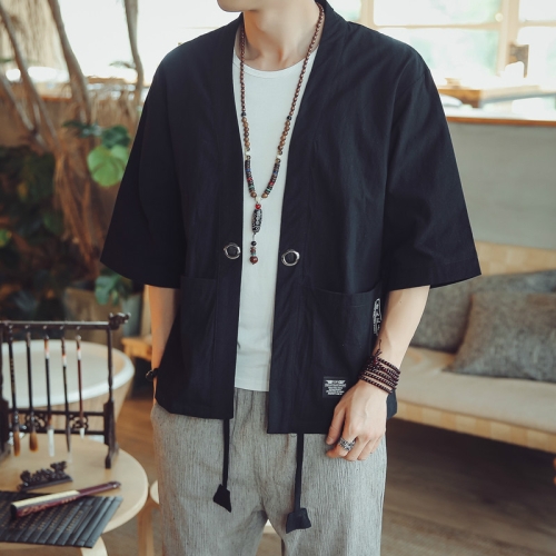 

Men Cardigan Tops Three-quarter Sleeve Chinese Style Jacket, Size:XXL(Black)