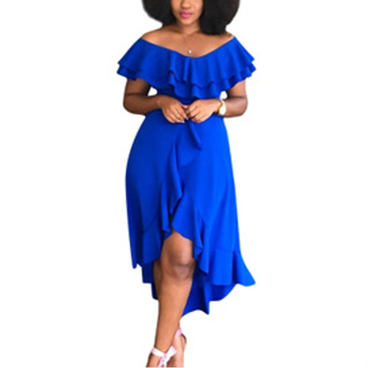 

Sexy Solid Ruffled Big Swing Dress, Size:M(Blue)