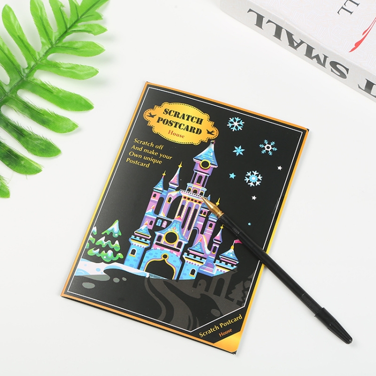 

4 PCS Creative Color Postcard Scraping Night Scenes Scratching Cartoon Animal Characters Greeting Cards(Castle)