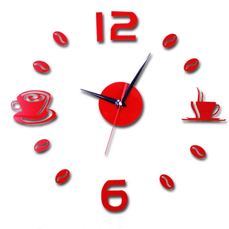 

ISHOWTIENDA Fashion Acrylic DIY Coffee Cup Self Adhesive Interior Wall Creative Decoration Clock Mute Clock Stickers Muraux Wall Clock(Red)