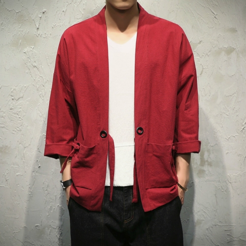 

Men Loose Chinese Style Cardigan Thin Jacket, Size: M(Wine Red)