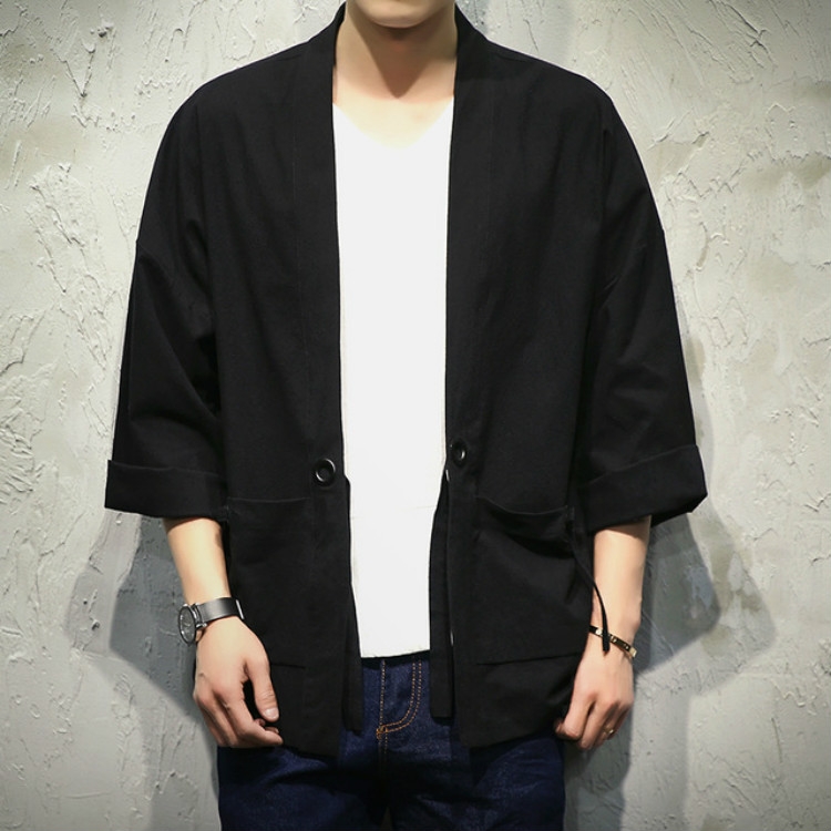 

Men Loose Chinese Style Cardigan Thin Jacket, Size: XXXXXL(Black)