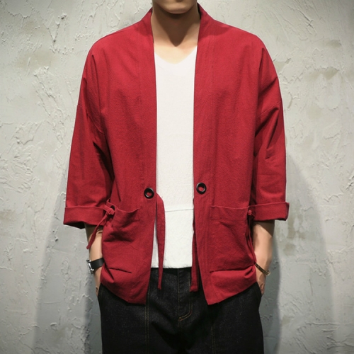 

Men Loose Chinese Style Cardigan Thin Jacket, Size: XXXXXL(Wine Red)