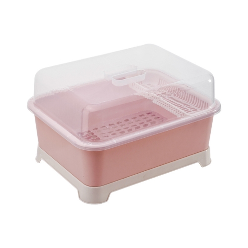 

Creative Kitchen Double Layer With Lid Plastic Drain Dish Rack Desktop Tableware Storage Box(Pink)