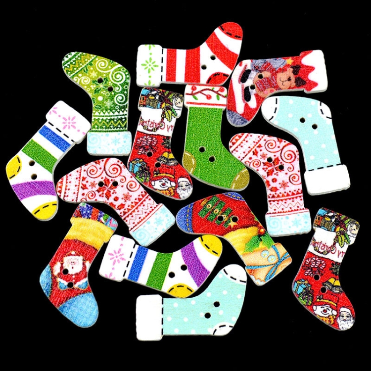 

30 in 1 Children Cartoon Color Print Christmas Socks Shape Series Wooden Buttons, Random Style Delivery, Specification: 30 x 18mm
