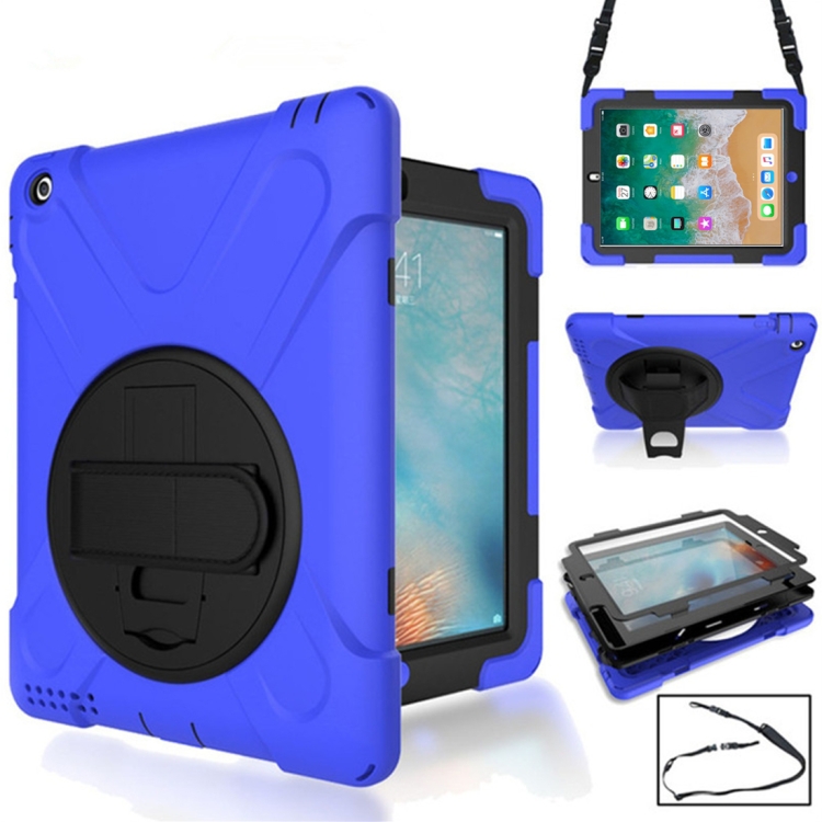 

360 Degree Rotation Silicone Protective Cover with Holder and Hand Strap and Long Strap(Blue)