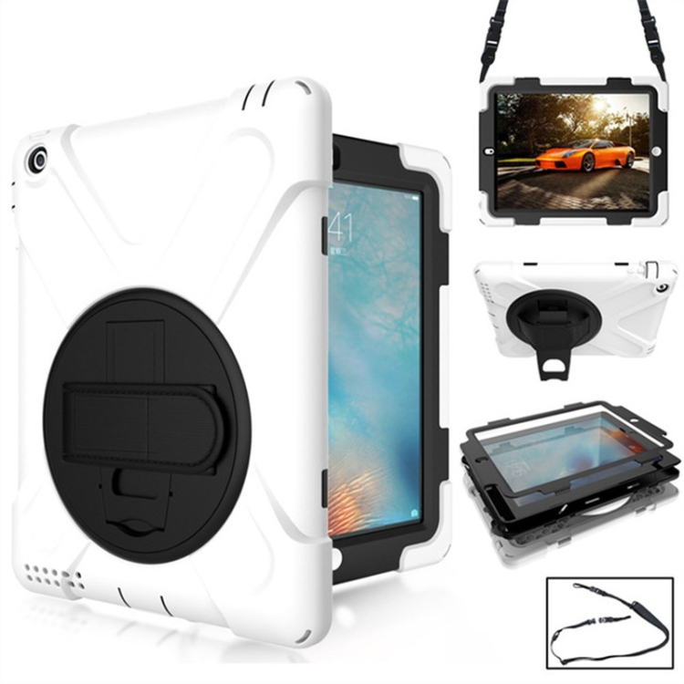 

360 Degree Rotation Silicone Protective Cover with Holder and Hand Strap and Long Strap for iPad Pro 9.7(White)