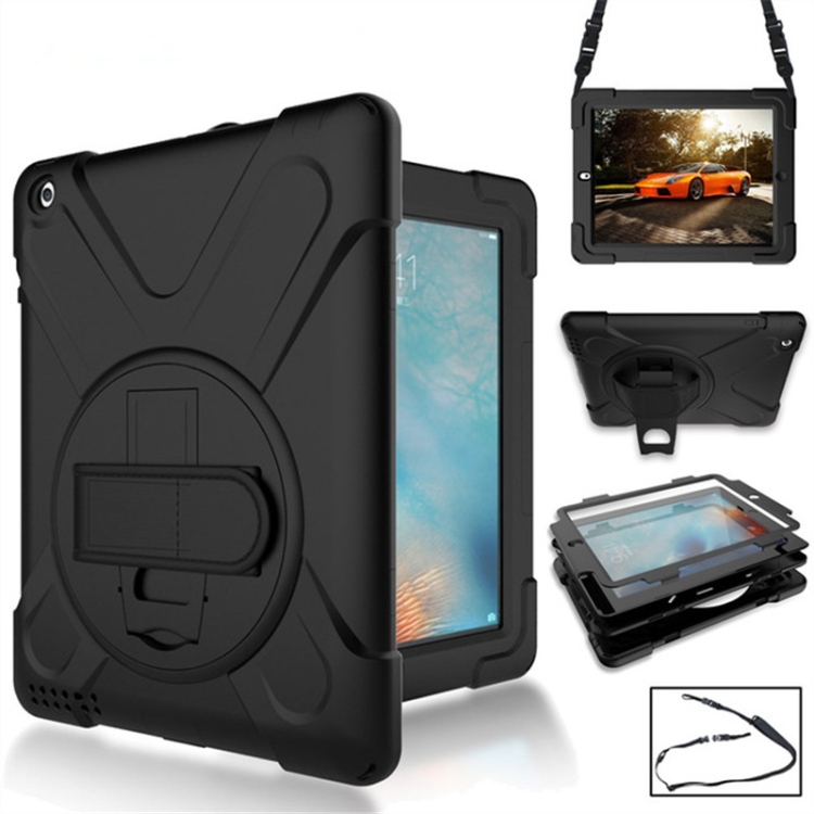 

360 Degree Rotation Silicone Protective Cover with Holder and Hand Strap and Long Strap for iPad 6 / iPad Air 2(Black)