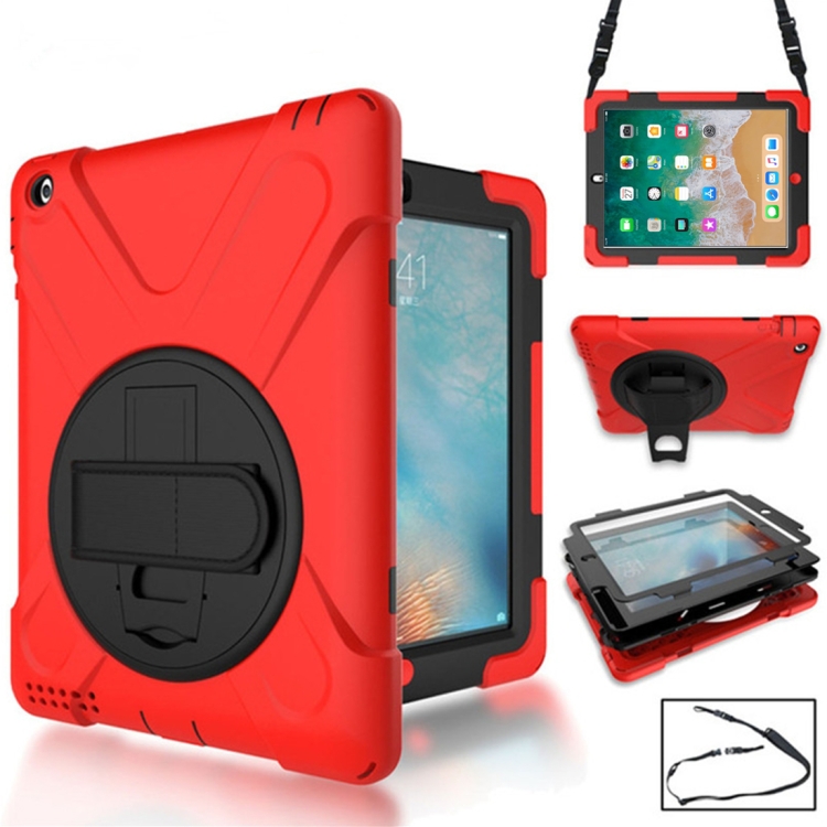 

360 Degree Rotation Silicone Protective Cover with Holder and Hand Strap and Long Strap for iPad 5 / iPad Air(Red)